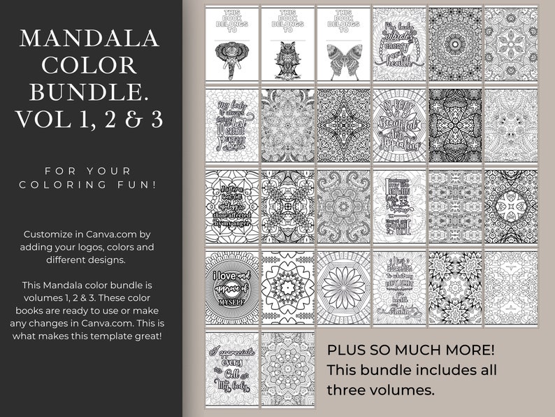 May include: A digital download of three volumes of mandala coloring pages. The cover image shows a grid of 20 black and white mandala designs. The text "MANDALA COLOR BUNDLE. VOL 1, 2 & 3" is at the top of the image. The text "PLUS SO MUCH MORE! This bundle includes all three volumes." is at the bottom of the image.