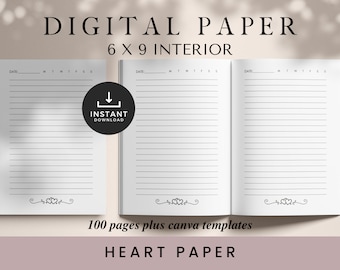 Heart Lined Paper: 6x9 KDP Template, Canva Editable (Digital Download)