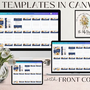 Może przedstawiać: Ekran komputera wyświetlający 81 szablon&oacute;w Canva z motywem słonecznika i niebieskich kwiat&oacute;w. Tekst "81 TEMPLATES IN CANVA" znajduje się w g&oacute;rnej części ekranu. Tekst "with FRONT COVER" znajduje się w dolnej części ekranu.