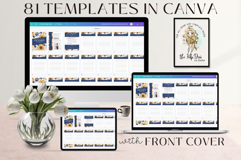 Może przedstawiać: Ekran komputera wyświetlający 81 szablon&oacute;w Canva z motywem słonecznika i niebieskich kwiat&oacute;w. Tekst "81 TEMPLATES IN CANVA" znajduje się w g&oacute;rnej części ekranu. Tekst "with FRONT COVER" znajduje się w dolnej części ekranu.