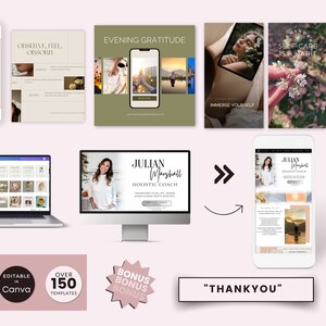 May include: A digital marketing kit for coaches and wellness professionals. The kit includes over 150 customizable templates for social media, website, and email marketing. The kit also includes bonus content and images. The text on the image reads "Julian Marshall Holistic Coach".