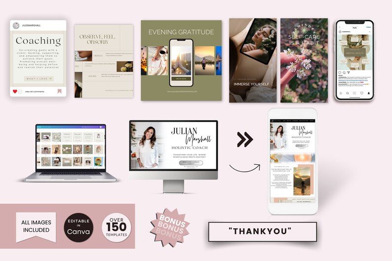 May include: A digital marketing kit for coaches and wellness professionals. The kit includes over 150 customizable templates for social media, website, and email marketing. The kit also includes bonus content and images. The text on the image reads "Julian Marshall Holistic Coach".