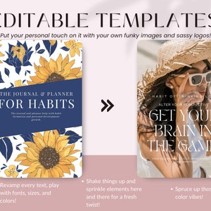 Może przedstawiać: Dwa edytowalne szablony okładek dziennika. Pierwszy szablon zawiera niebieskie i białe tło z słonecznikami i tekstem "The Journal & Planner for Habits". Drugi szablon zawiera kobietę w słomkowym kapeluszu i okularach przeciwsłonecznych z tekstem "Habit of Thinking Blog Alter Your Perspective Get Your Brain in the Game!"
