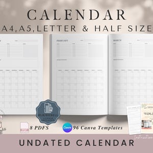 Planificador de calendario mensual sin fecha de 12 meses / Tamaños A4, A5, Carta, Media Carta / Inserciones personalizables