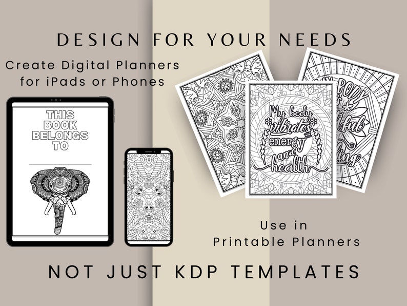 May include: Black and white digital planner templates featuring intricate mandala designs and inspirational quotes like "This book belongs to" and "My body vibrates energy and health".