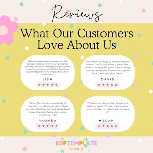 May include: A pastel-colored graphic with the text "Reviews" and "What Our Customers Love About Us." The image features customer testimonials with star ratings, a pink flower, and colorful polka dots. The KDP Template Studio logo is at the bottom.