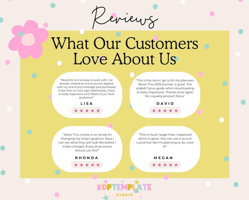 May include: A pastel-colored graphic with the text "Reviews" and "What Our Customers Love About Us." The image features customer testimonials with star ratings, a pink flower, and colorful polka dots. The KDP Template Studio logo is at the bottom.