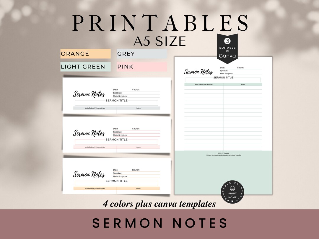 Sermon Notes, A5 Size, Sermon Journal, Printable, Editable, Canva ...