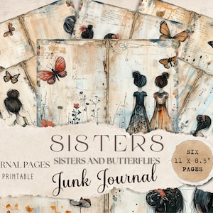 Doodle Sketch Sisters Junk Journal Papel digital, Páginas de diario basura, Diario basura de mariposa, Kit de diario basura, Diario basura vintage