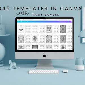 May include: A computer screen displaying a Canva page with 345 templates, including front covers. The templates are black and white and feature various designs, including mandalas, geometric patterns, and text.