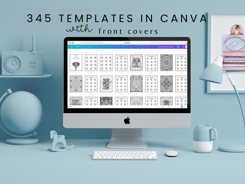 May include: A computer screen displaying a Canva page with 345 templates, including front covers. The templates are black and white and feature various designs, including mandalas, geometric patterns, and text.