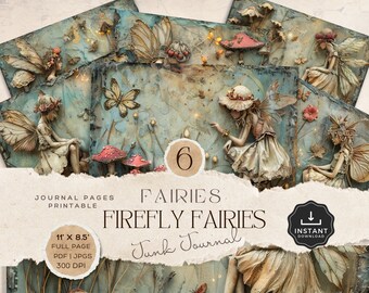 May include: Six printable journal pages featuring whimsical fairy illustrations with fireflies, mushrooms, and floral elements. The pages are 28 cm by 21.5 cm and 300 DPI.