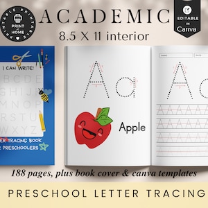 Seguimiento de letras preescolares, interiores KDP más portada de libro, editable, plantillas Canva, planificador académico