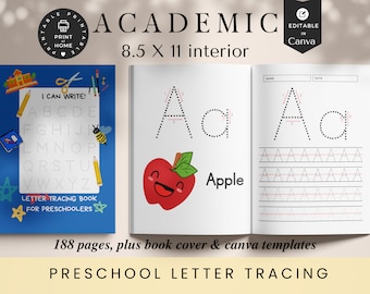 PreSchool Letter Tracing, KDP Interiors plus Book Cover, Editable, Canva Templates, Academic Planner