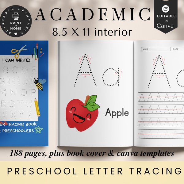 PreSchool Letter Tracing, KDP Interiors plus Book Cover, Editable, Canva Templates, 8.5x11