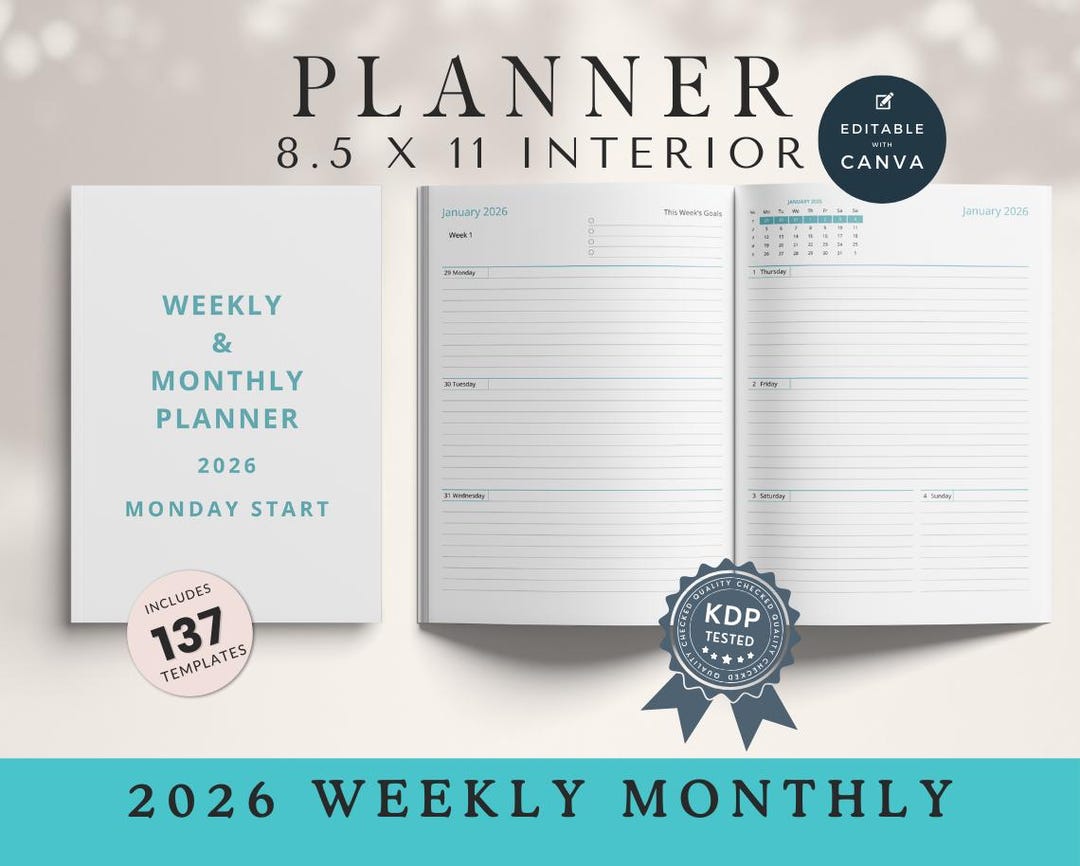 2026 Weekly Monthly Planner: KDP Interior Canva Template (8.5x11 ...
