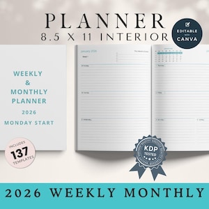 Planejador Semanal e Mensal 2026 - Planejador Datado para Impressão em PDF - Início na Segunda-feira - KDP Interior, Modelo Canva para Planejamento Digital, 8,5x11