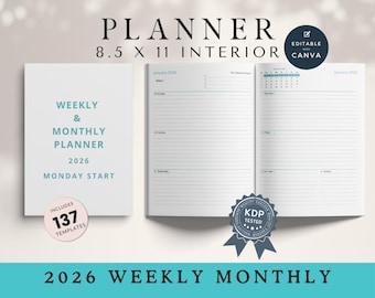 2026 Weekly Monthly Planner: KDP Interior Canva Template (8.5x11) (Printable)