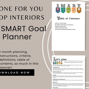 K&ouml;nnte beinhalten: Ein digitaler Download f&uuml;r einen SMART-Zielplaner. Der Planer enth&auml;lt ein Inhaltsverzeichnis, Anweisungen, Kriterien, Definitionen und einen 3-Monats-Planungsleitfaden. Der Text auf dem Bild lautet "DONE FOR YOU KDP INTERIORS My SMART Goal Planner with 3 month planning, instructions, criteria, definitions, table of contents, so much in this planner! DOWNLOAD NOW".