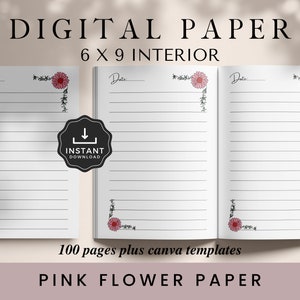 Carta a righe fiore rosa, 6x9, carta a righe KDP, modello KDP, interno KDP