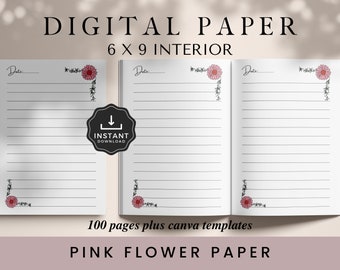 Pink Flower Lined Paper, 6x9, KDP Lined Paper, KDP Template, KDP Interior