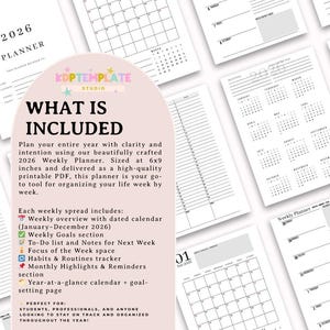 May include: A selection of white 2026 weekly planner pages with black text. The pages include calendars, to-do lists, and goal-setting sections. The planner is 15.24 x 22.86 cm and is a printable PDF.