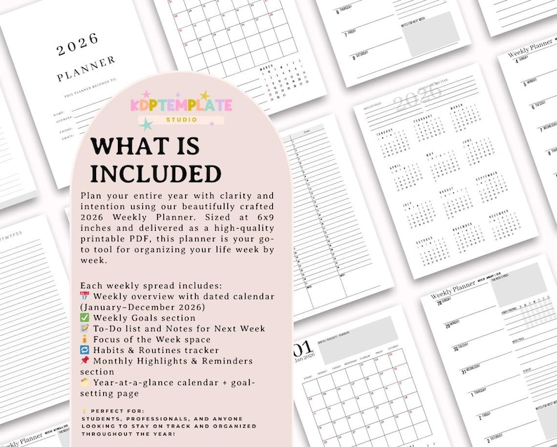 May include: A selection of white 2026 weekly planner pages with black text. The pages include calendars, to-do lists, and goal-setting sections. The planner is 15.24 x 22.86 cm and is a printable PDF.