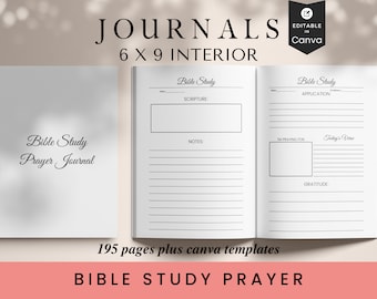 Pode incluir: Um modelo de diário de estudo bíblico e oração imprimível de 15,24 x 22,86 cm. O modelo inclui seções para as Escrituras, notas, pedidos de oração e gratidão. O diário é editável no Canva.