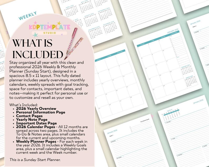 2026 Dated 8.5x11 Weekly Monthly Planner Printable KDP Interior Canva ...