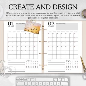 May include: An open planner with the text "CREATE AND DESIGN" and calendar pages for January and February 2026. The planner shows a calendar layout with space for notes. A keyboard, scissors, and stationery items are also visible.