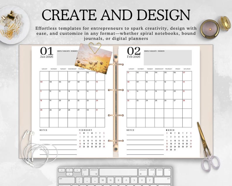May include: An open planner with the text "CREATE AND DESIGN" and calendar pages for January and February 2026. The planner shows a calendar layout with space for notes. A keyboard, scissors, and stationery items are also visible.