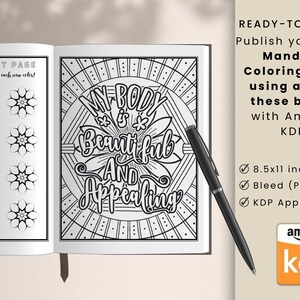 May include: A black and white coloring book page with a mandala design and the text "My body is beautiful and appealing". The book is open to show a color test page with a row of small flower designs. The book is ready to print and publish on Amazon KDP.