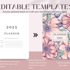 May include: Editable planner template featuring a floral design. The template includes the text "2025 Planner" and has space for a name, address, phone number, and email address.