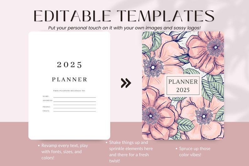 May include: Editable planner template featuring a floral design. The template includes the text "2025 Planner" and has space for a name, address, phone number, and email address.