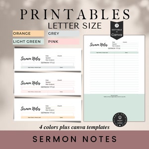 Sermon Notes, Sermon Journal, Printable, Editable, Canva Templates, Letter Size, Bible Study, Sermon Notes Journal