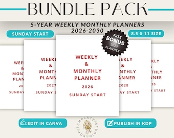 2026-2030 5-Year Planner Bundle: Minimalist Weekly-Monthly Canva Templates (Printable KDP Interiors, Sunday Start)