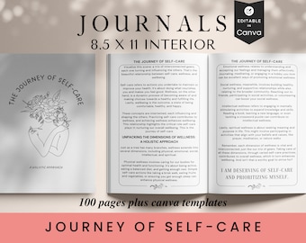 May include: A black and white illustration of a woman with flowers in her hair. The text "The Journey of Self-Care: A Holistic Approach" is on the page. The text "Journals 8.5 x 11 Interior" is at the top of the page. The text "100 pages plus Canva templates" is at the bottom of the page. The text "Journey of Self-Care" is at the bottom of the page.