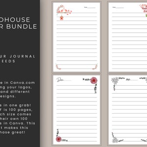 May include: A set of four printable journal pages with lined paper and floral designs. Each page features a different floral design, including a birdhouse, a daisy, and a tree with pink flowers. The text "Date" is included on three of the pages.