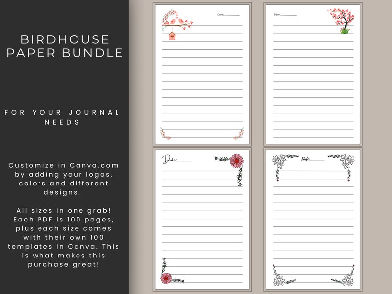 May include: A set of four printable journal pages with lined paper and floral designs. Each page features a different floral design, including a birdhouse, a daisy, and a tree with pink flowers. The text "Date" is included on three of the pages.