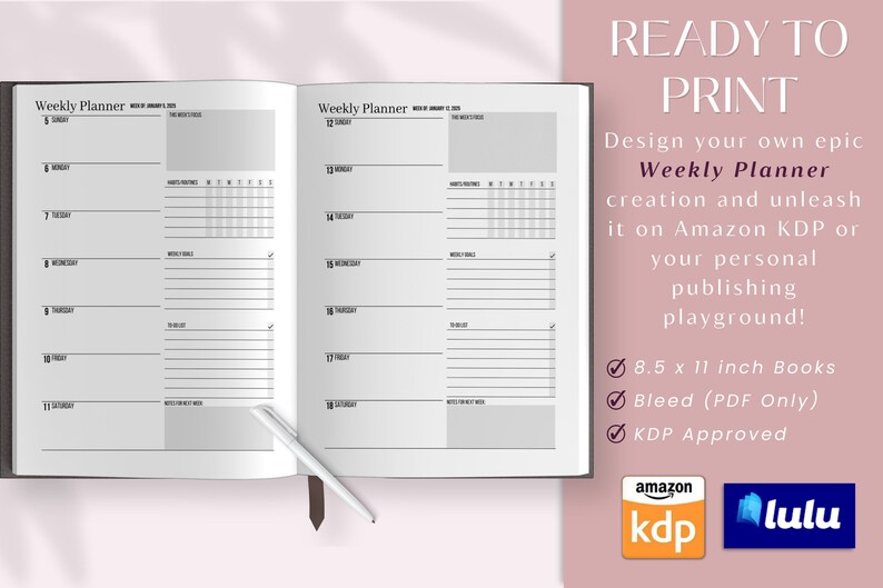 May include: A black and white weekly planner with two pages open. The planner is 8.5 x 11 inches and is ready to print. The text "Weekly Planner" is at the top of each page. The planner is designed for use with Amazon KDP or other self-publishing platforms.