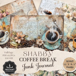 Páginas digitales Coffee Break Junk Journal, paquete de 8 papeles digitales con temática de café, efímeras de café vintage, kit de Junk Journal, Shabby Junk Journal