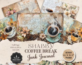 Peut inclure: Huit pages de papier de journal de rebut imprimable numérique de 11 x 8,5 pouces sur le thème d'une pause-café chic et désuet. Les pages comprennent des tasses à café, des grains de café, des fleurs et du texte manuscrit.