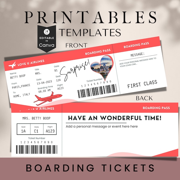 EDITABLE Boarding Ticket Template, Surprise Boarding Pass, Plane Ticket Vacation, Flight Gift, Holiday Destination