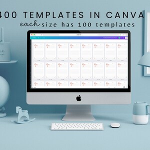 May include: A computer screen displaying a Canva page with 400 templates. The text "400 TEMPLATES IN CANVA each size has 1000 templates" is visible at the top of the screen.