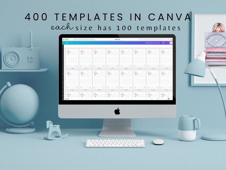 May include: A computer screen displaying a Canva page with 400 templates. The text "400 TEMPLATES IN CANVA each size has 1000 templates" is visible at the top of the screen.