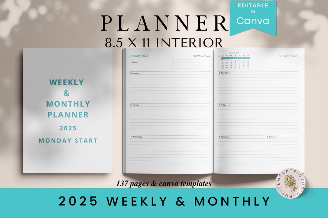 2025 Dated 8.5x11 Weekly Monthly Planner Printable KDP Interior Canva ...