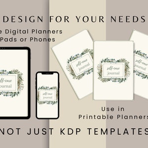 May include: A digital planner template design for iPads and phones. The template features a green and gold watercolor wreath with the text "self-care journal".