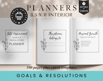 Könnte beinhalten: Druckbarer Planer mit floralem Design. Der Planer ist 21,6 cm x 27,9 cm groß und hat 100 Seiten. Das Cover zeigt den Text "Self Improvement Goals & Resolutions Planner", "This planner belongs to" und "Personal Growth Table of Contents".
