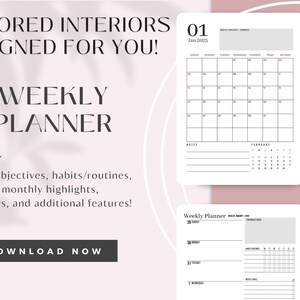 May include: A printable weekly planner featuring a calendar for January 2025, a notes section, and a weekly planner section with space for daily tasks and notes. The planner is designed to help you organise your week and stay on track with your goals.