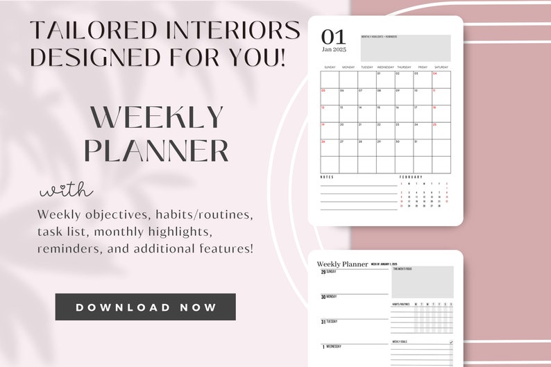 May include: A printable weekly planner featuring a calendar for January 2025, a notes section, and a weekly planner section with space for daily tasks and notes. The planner is designed to help you organise your week and stay on track with your goals.